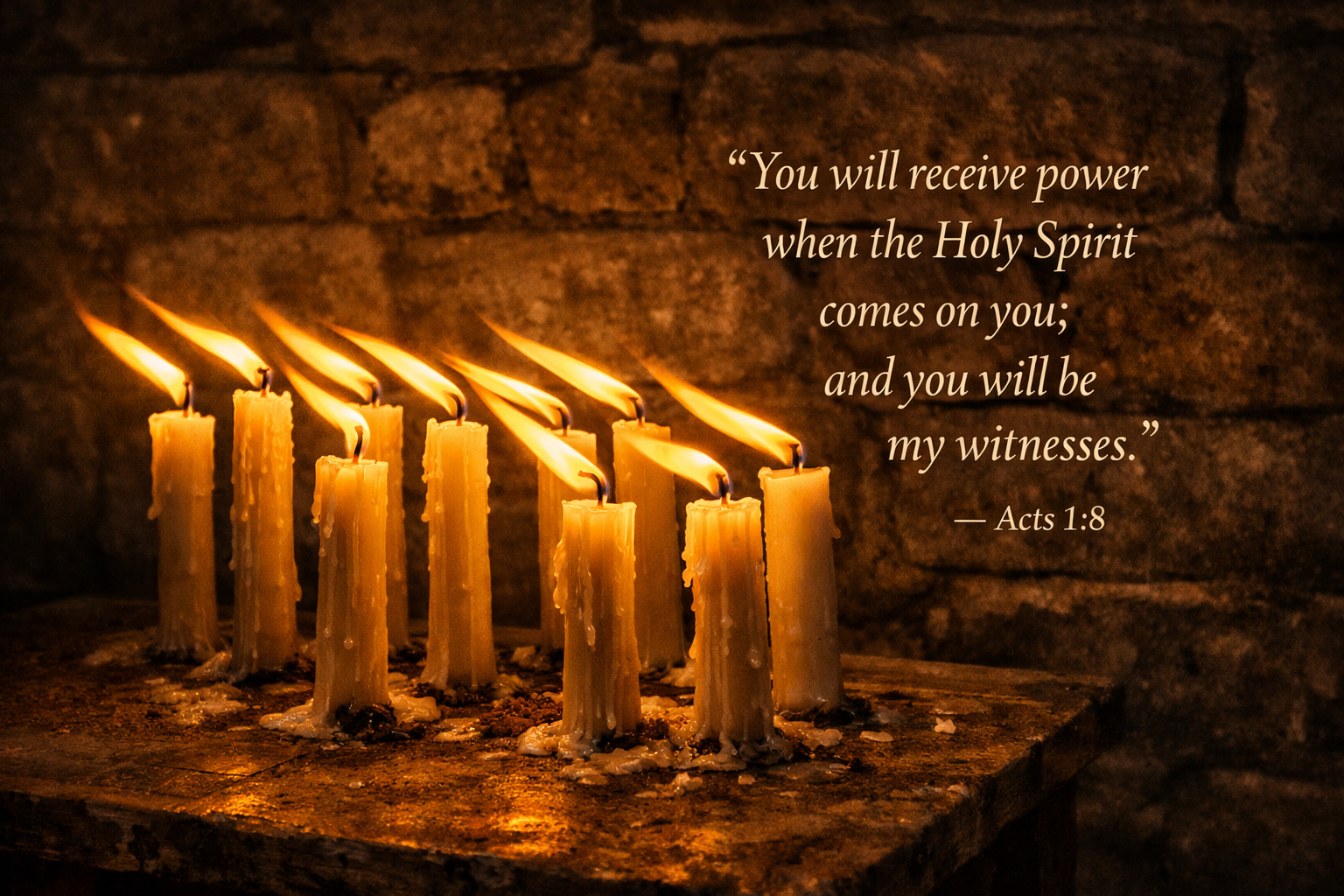 Bible verse wallpaper Acts 1:8 with twelve candles in dark room each flame bending in same invisible wind